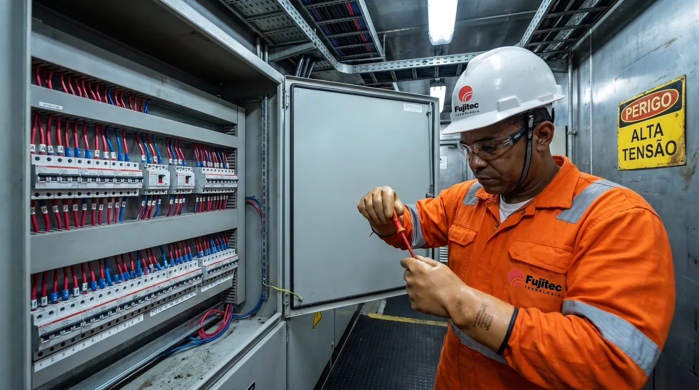 Eletricista da Fujitec com luvas isolantes trabalhando em painel elétrico de plataforma offshore