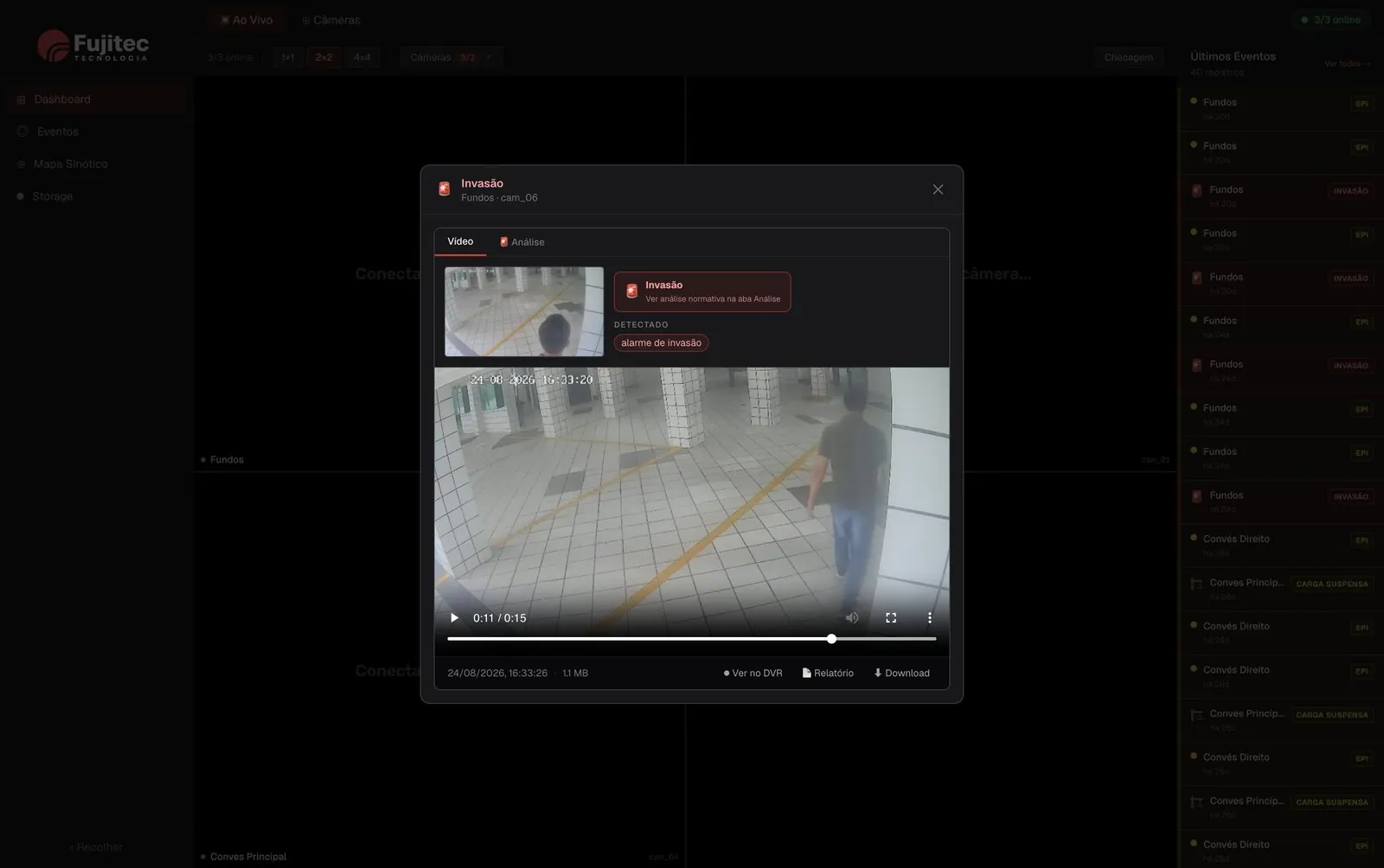 Evento de invasão aberto no Analitic System, com clipe, foto e botão Ver no DVR