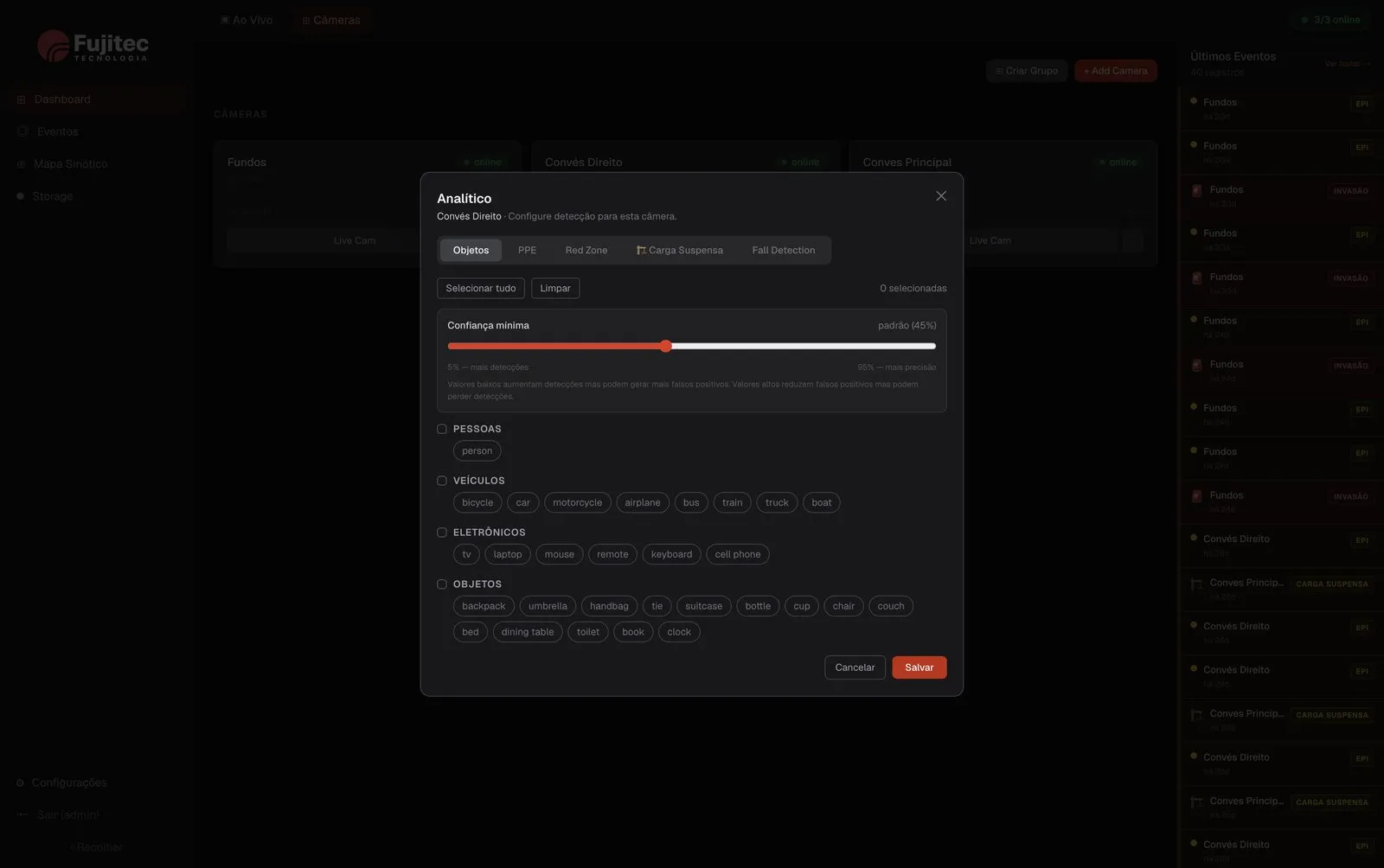 Tela de configuração dos módulos de analítico Fujitec